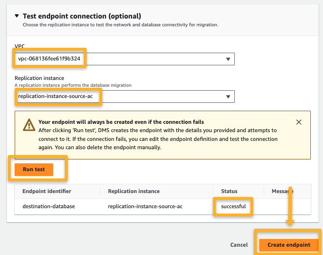 the test connection of the destination endpoint