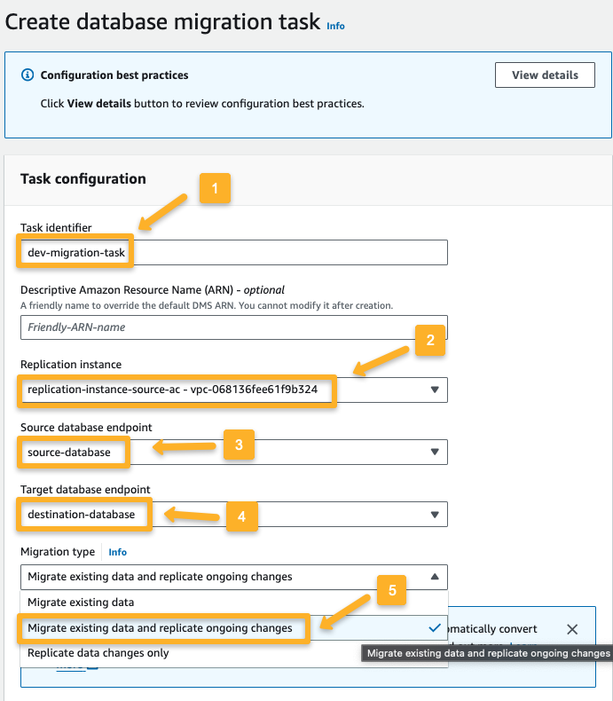 dms task migration task configurations such as replication instance, source and destination endpoints and migration type