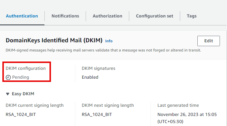 aws ses authentication status