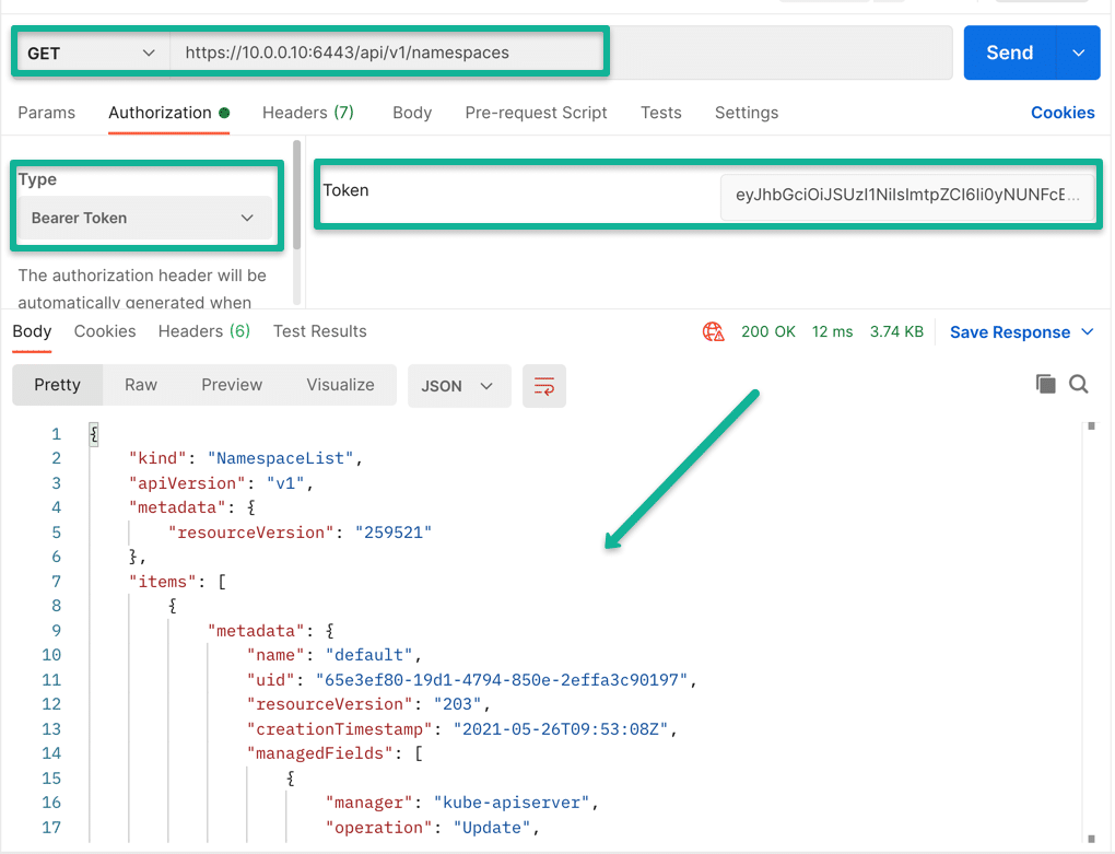 Testing Kubernetes Service account token for Cluster API access.
