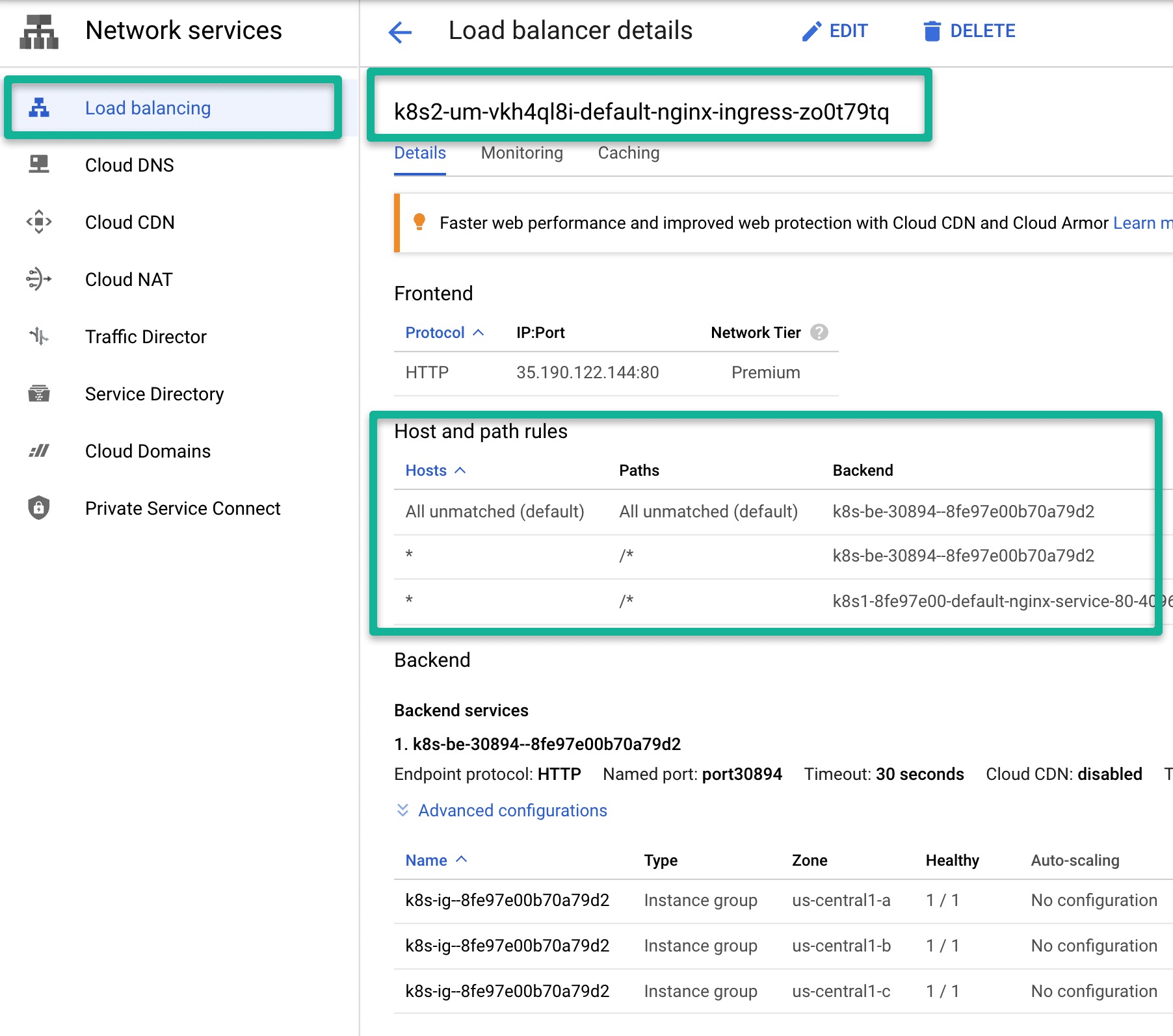 GKE ingress Controller load balancer details