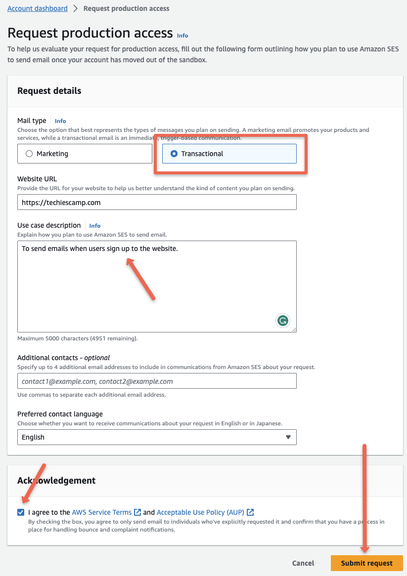 SES Production Access request form