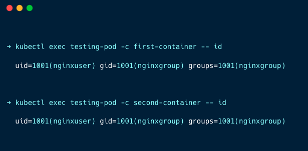 output of running the pod with pod-level security context with both containers have non-root user