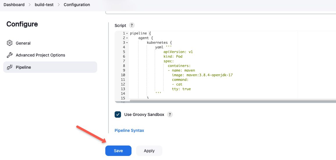 write a pipeline script and press save to save the configurations