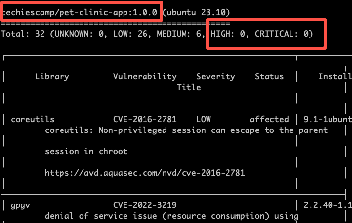 Trivy Docker image scan result