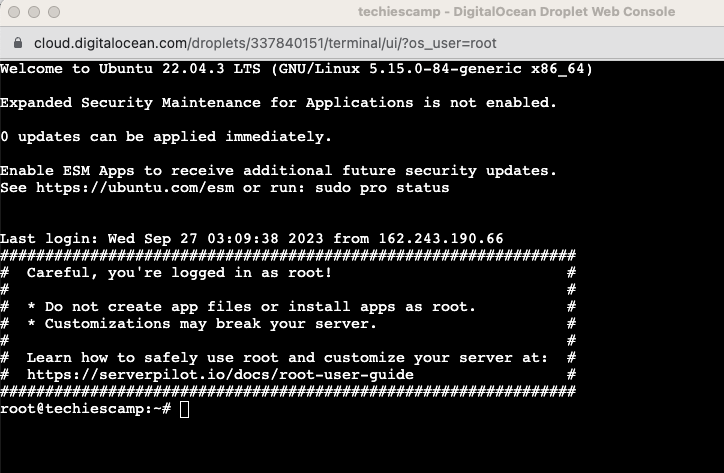 Droplet console browser based SSH terminal