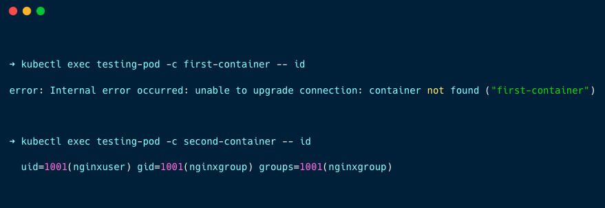 output of running the pod with a pod-level security context with only one container has non-root user
