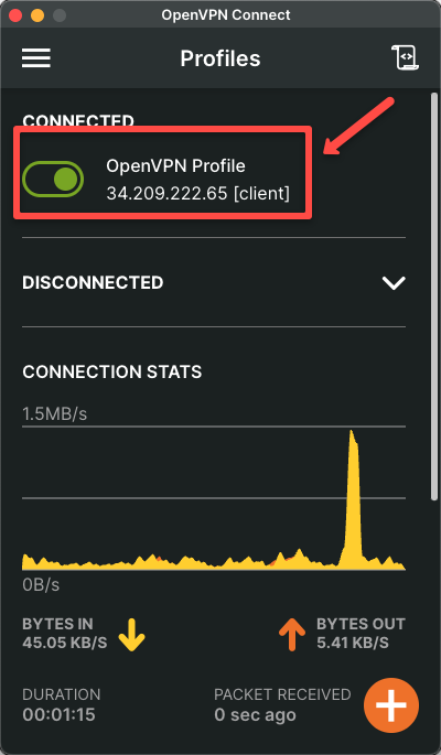 the openvpn client successful connection indication