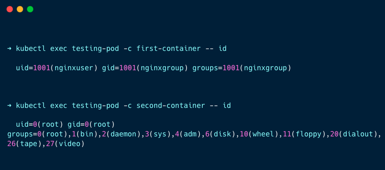 Output of running the pod with a container-level security context to use different users on containers