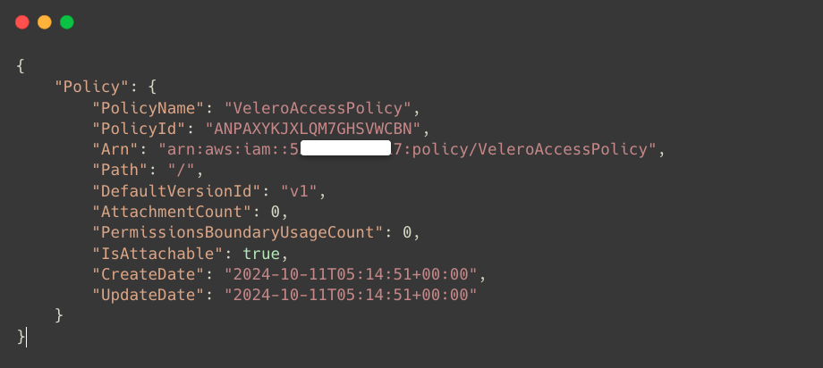 aws iam policy creation for the velero