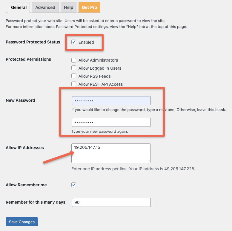 password protected plugin password and IP option