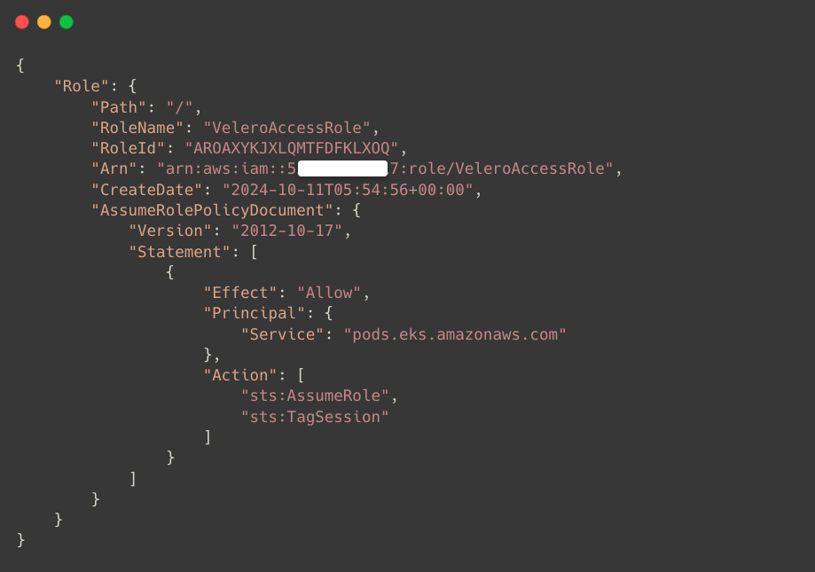 the IAM role creation for the velero kubernetes pod