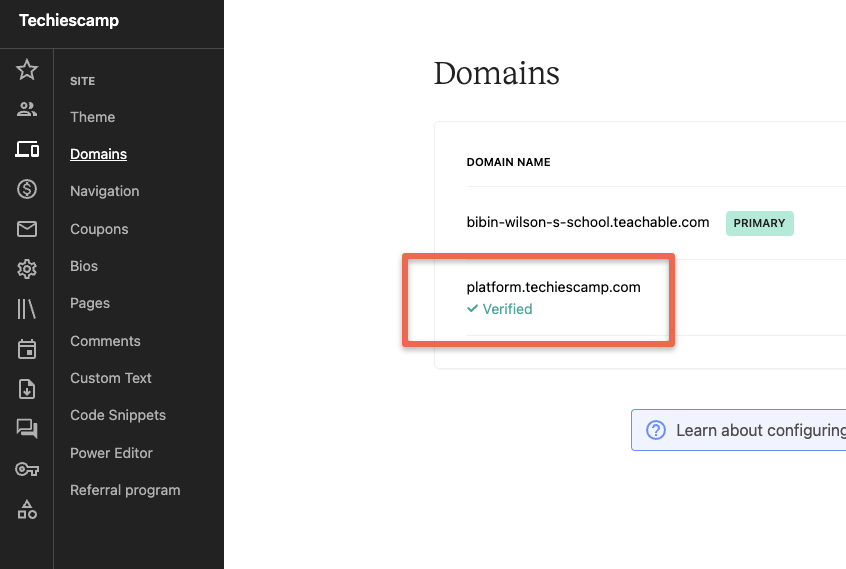 Teachable pending domain to verified.
