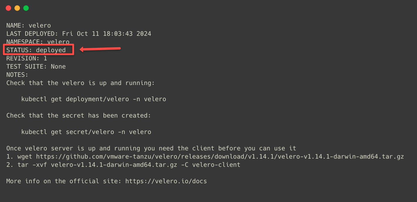 the velero helm deployment success message