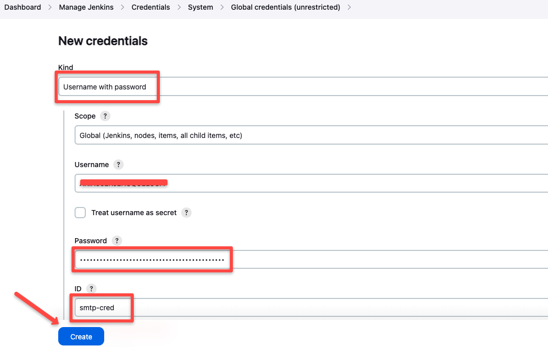 creating Jenkins credential with SMTP username and password