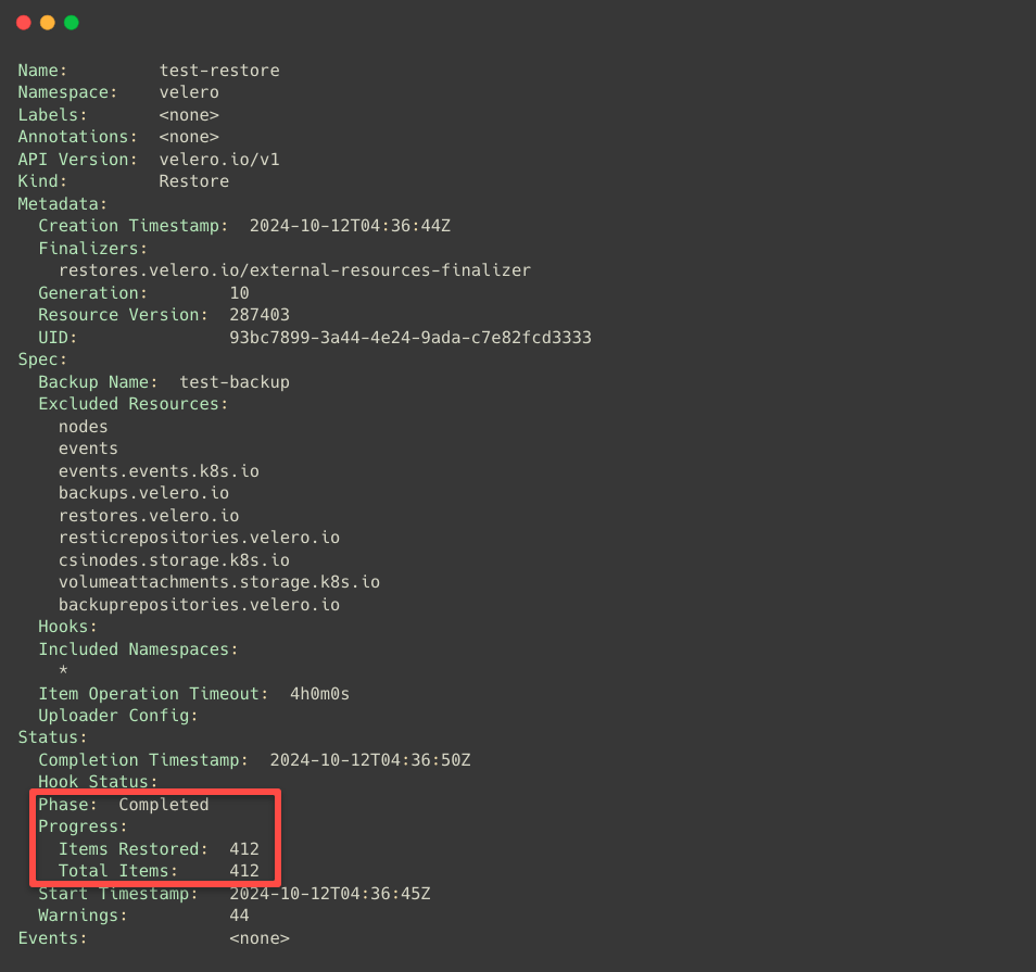 the detailed information of the velero restore object