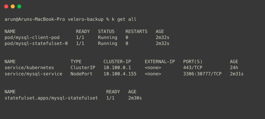 the restored resources list on the terminal by the velero