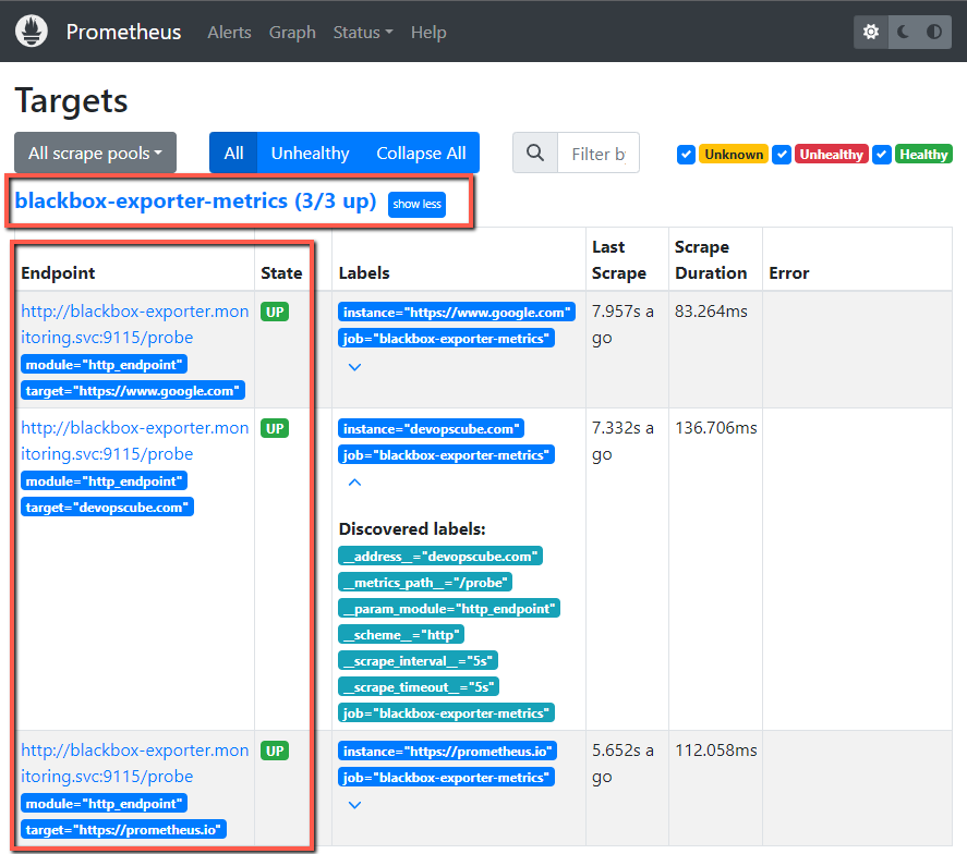 prometheus dashboard target