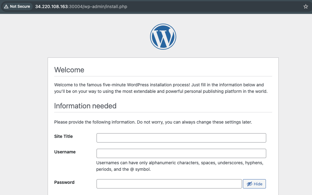 page to give information about wordpress username and password