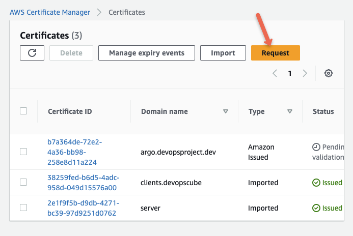 ACM certificate request