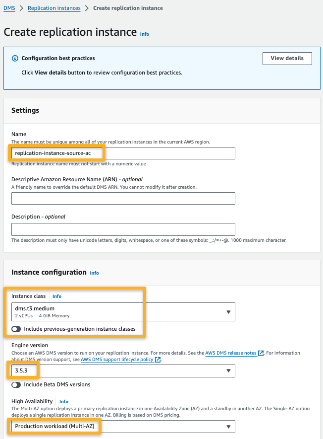 the dms replication instance creation configurations such as instance class, engine version, availability 