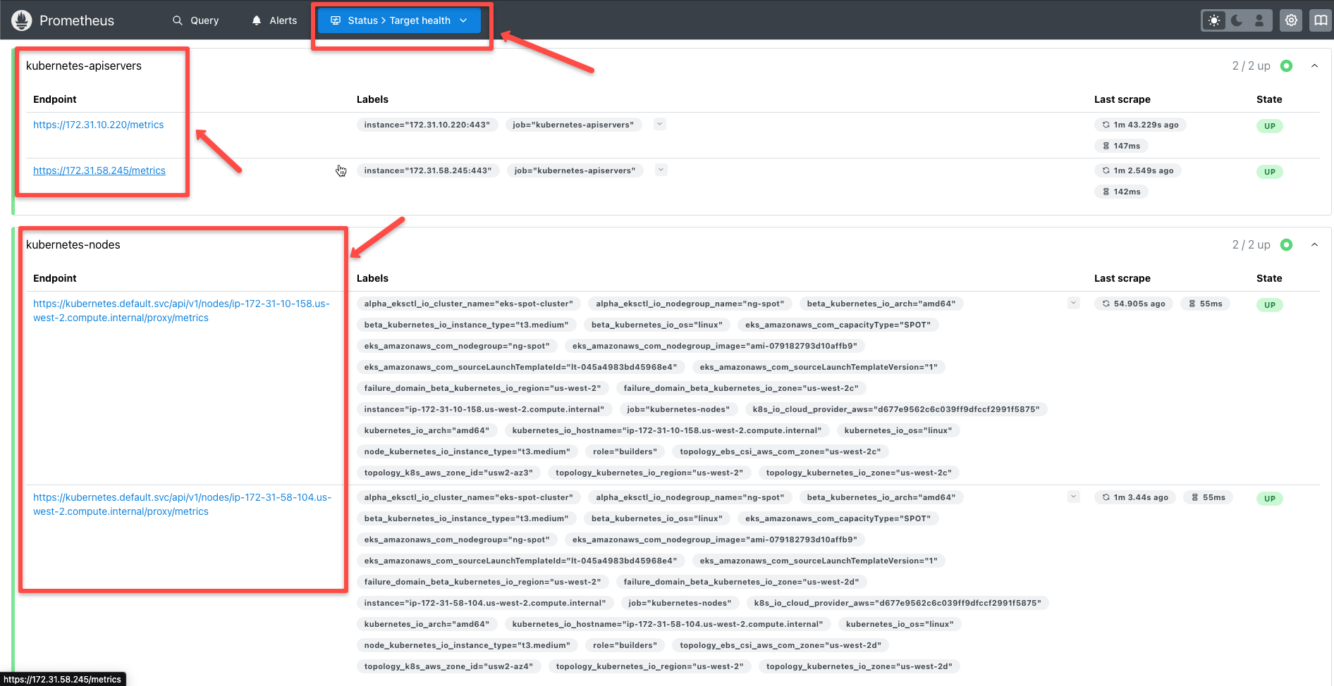 the targets section of the prometheus dashboard
