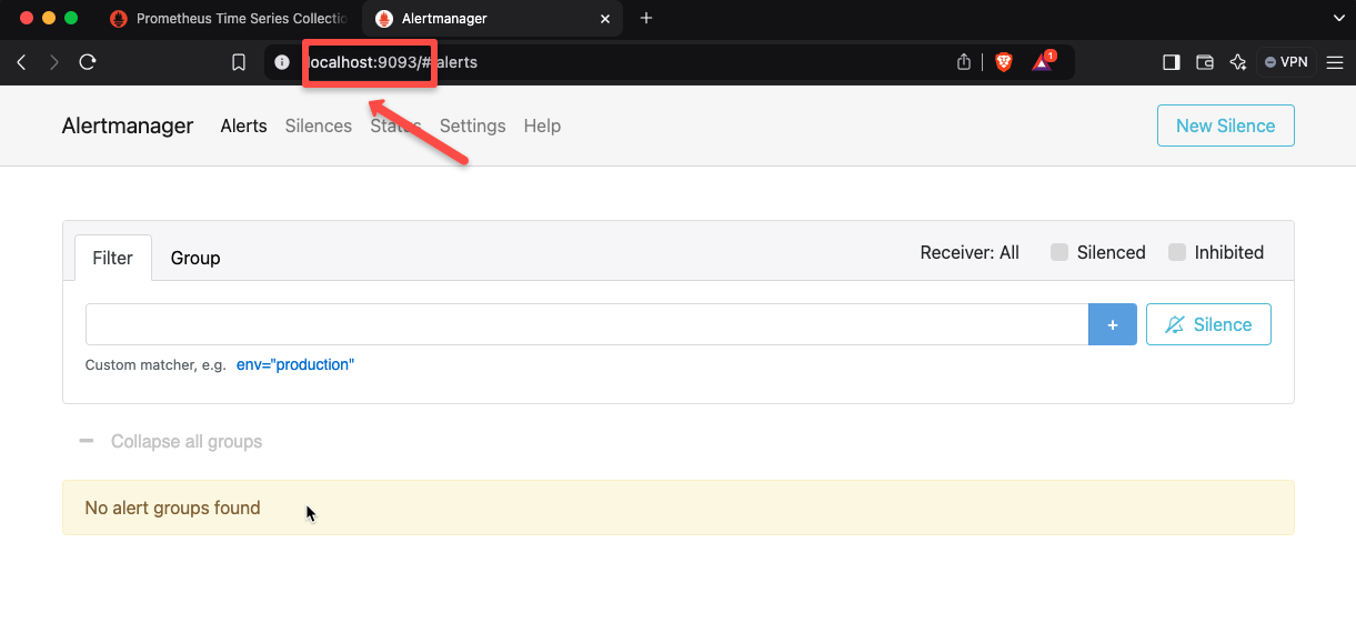 The dashboard of the prometheus alertmanager