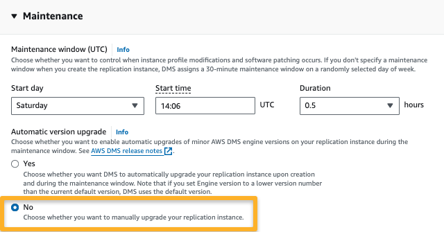 the maintenance section of the dms replication instance such as maintenance window, auto version upgrade
