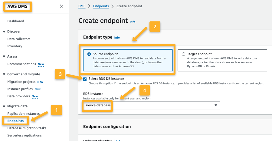 the dms endpoint creation for the source endpoint 