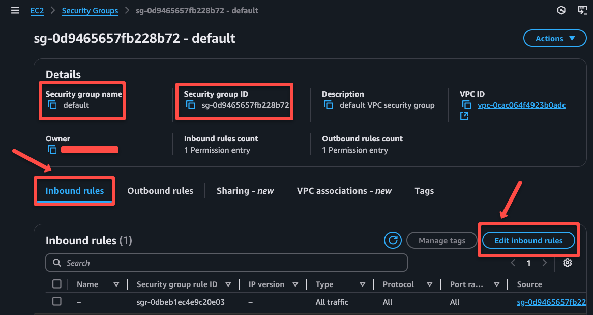 the security group page to modify the inbound rules to the server