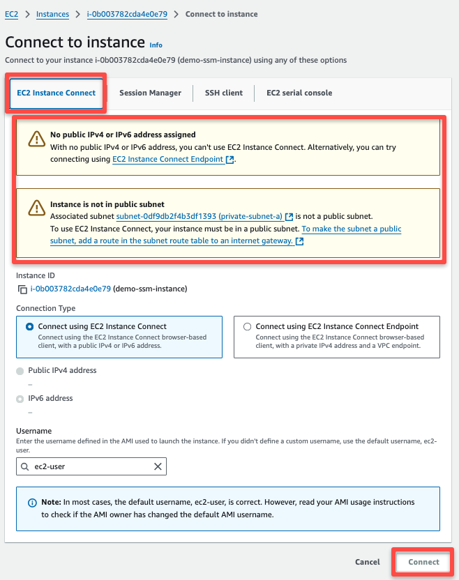 ec2 instance connection method with the warning message