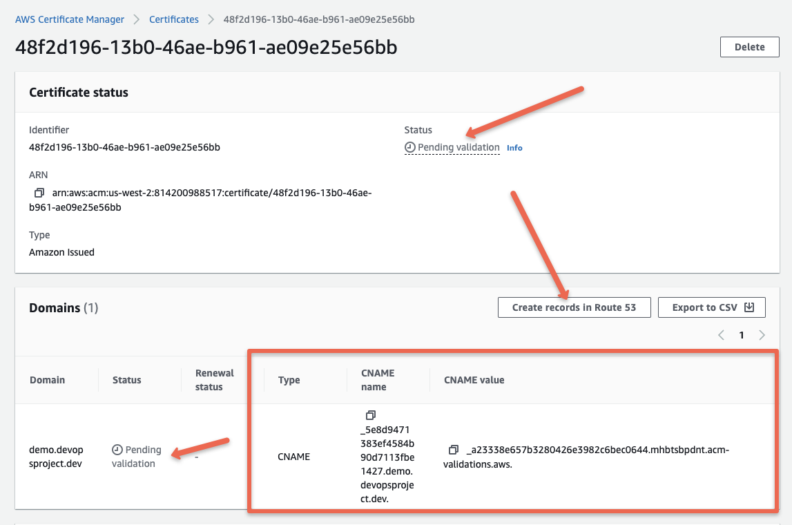 ACM pending validation for DNS