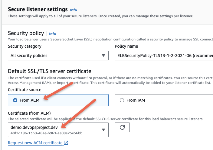 option to use certificate from the ACM in load balancer