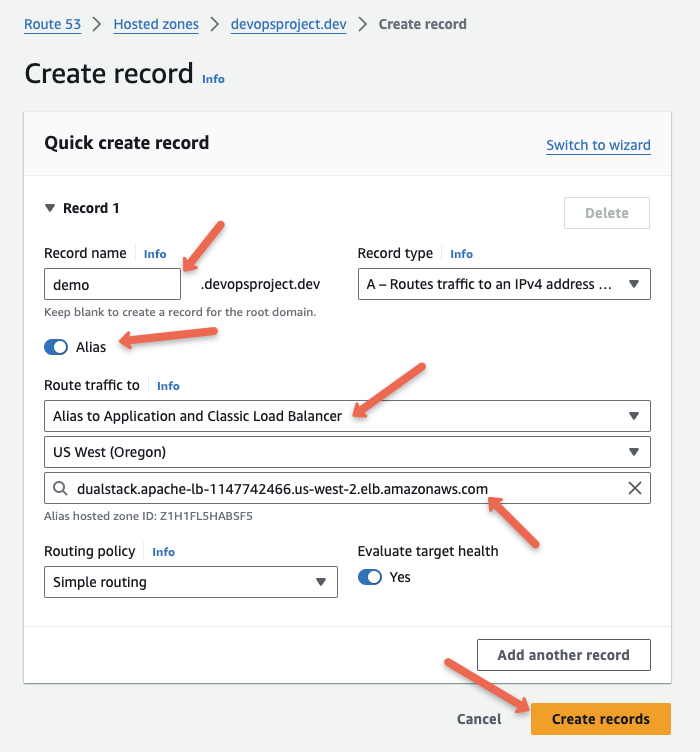 alias option to map the load balancer CNAME
