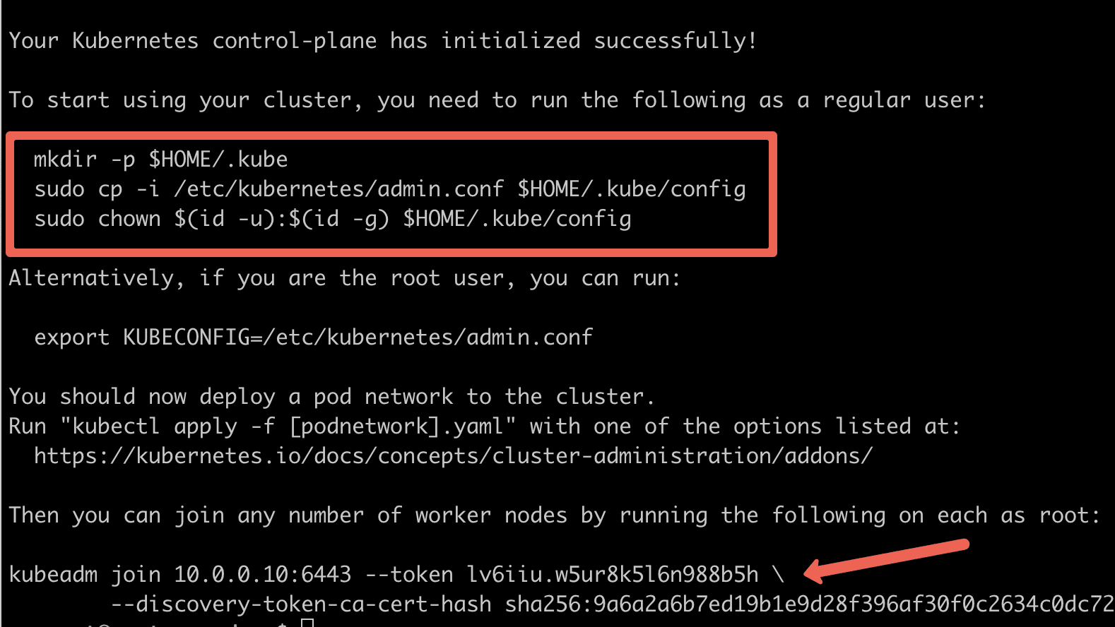 Kubeadm init command output