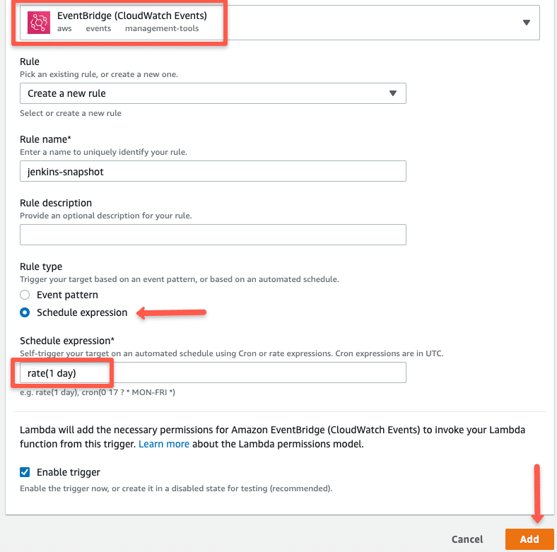 Add schedule expression for EBS snapshot creation.