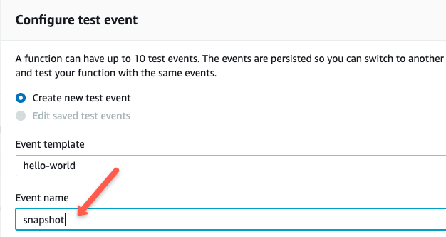 Create lambda event for EBS snapshot python code.