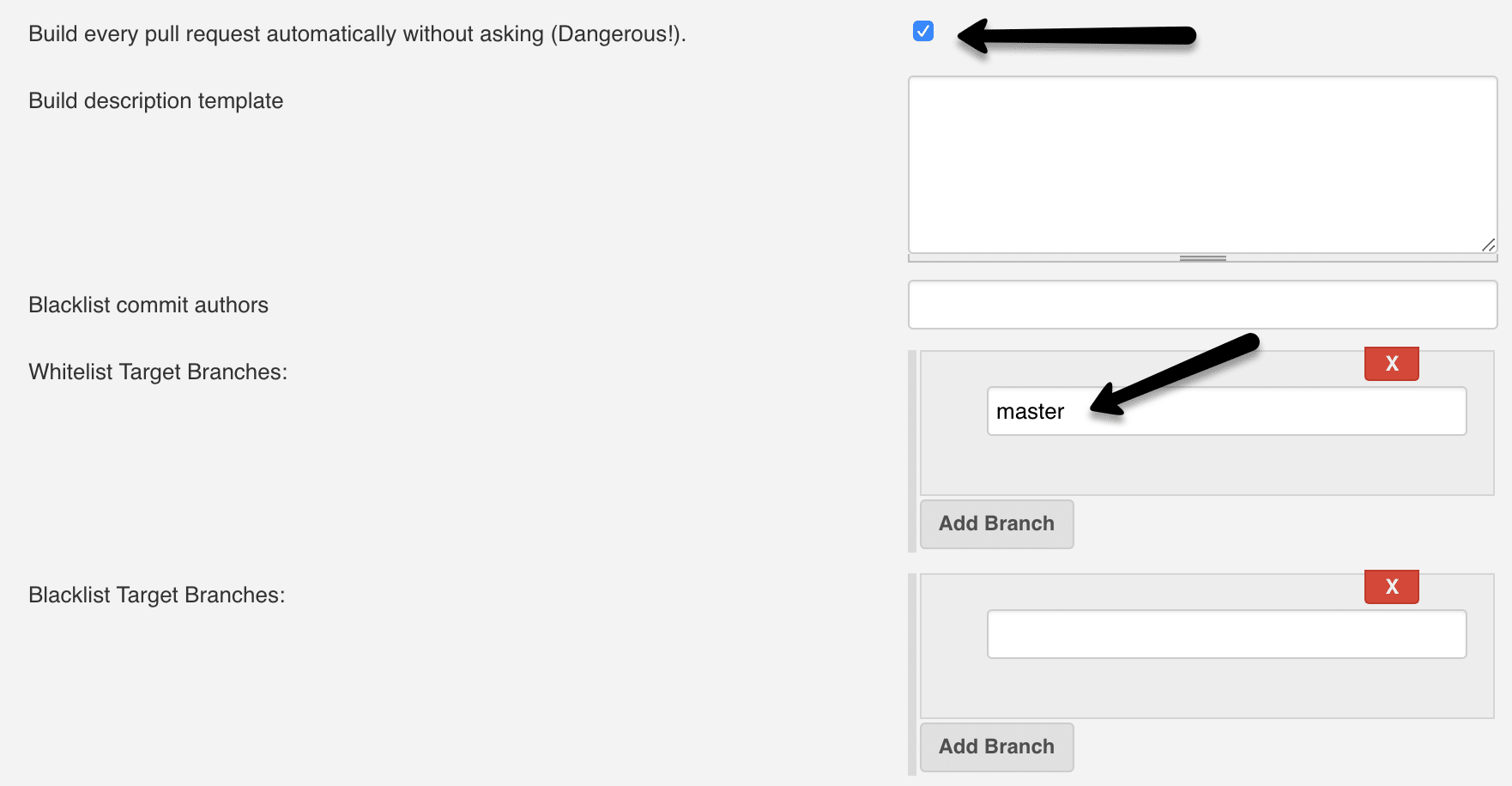 PR build target branches