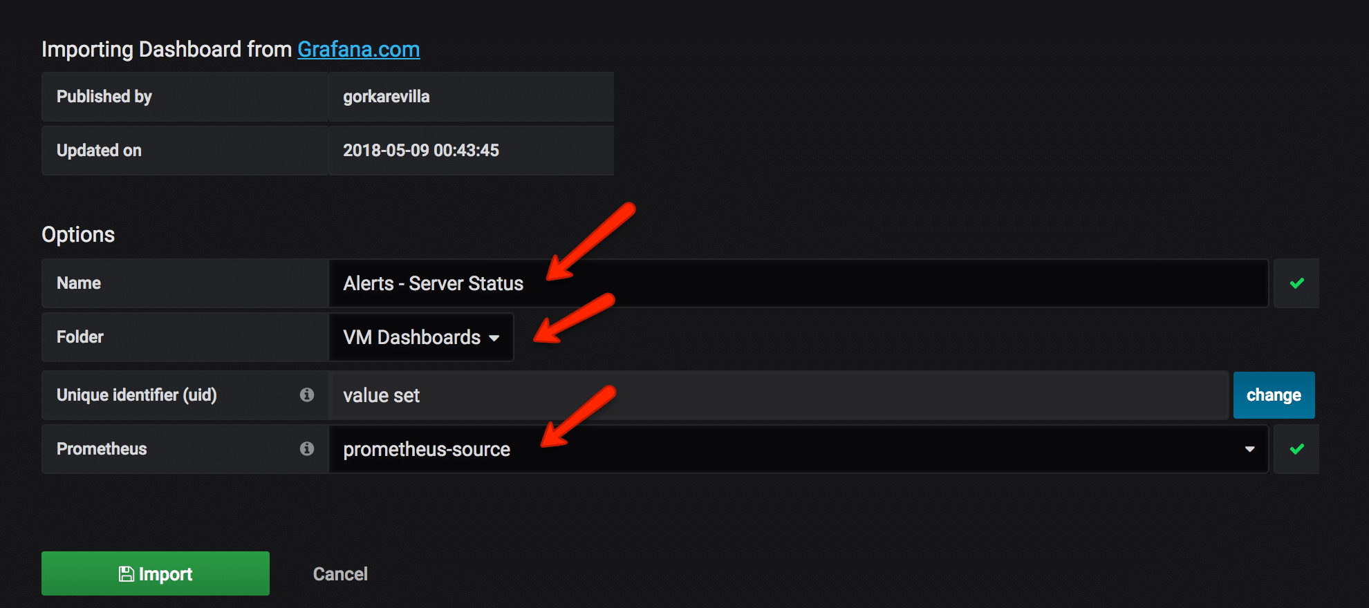 prometheus grafana import options