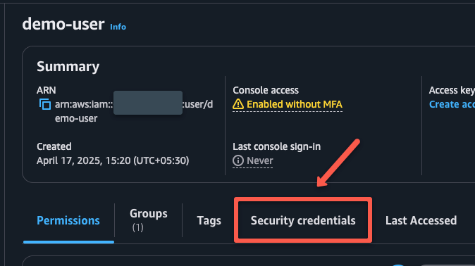 selecting the secrity credentials of the IAM user to modify the users' console access