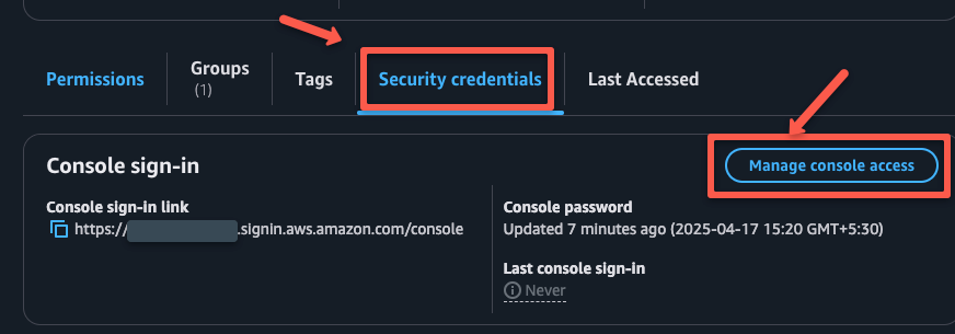 selecting the manage console access to change the configuration of the consoel access to reset the passoword
