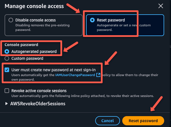 selecting the resetting password option to to reset the IAM user credentials 