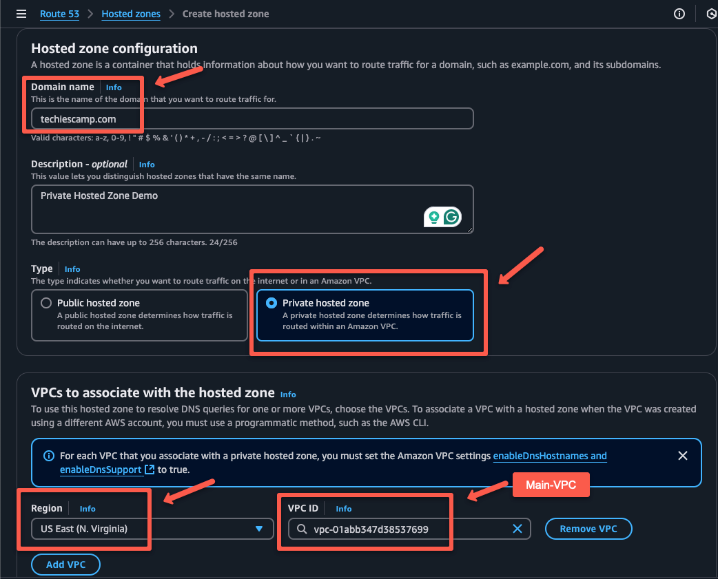 the private hosted zone configuration such as vpc