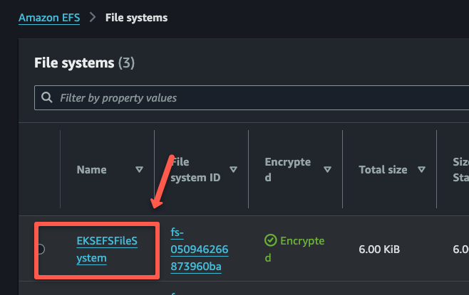 The created efs volume on the efs dashboard