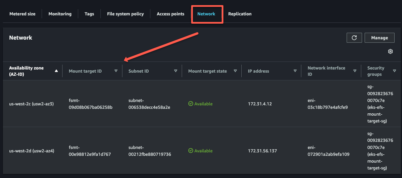 listing the created mount targets on the elastic file system 