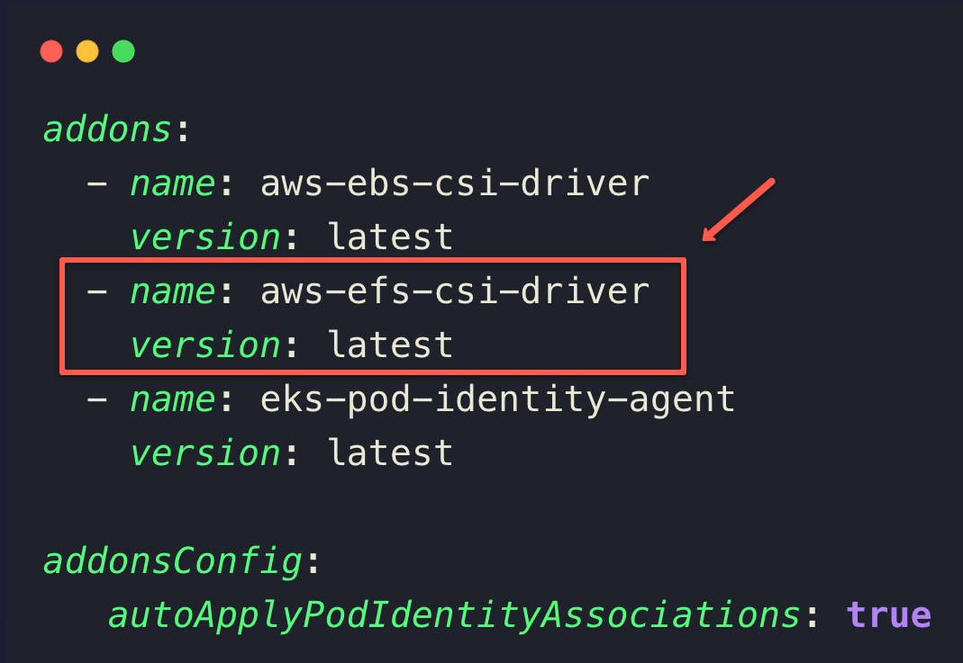 efs csi driver addon configuration in eksctl config file