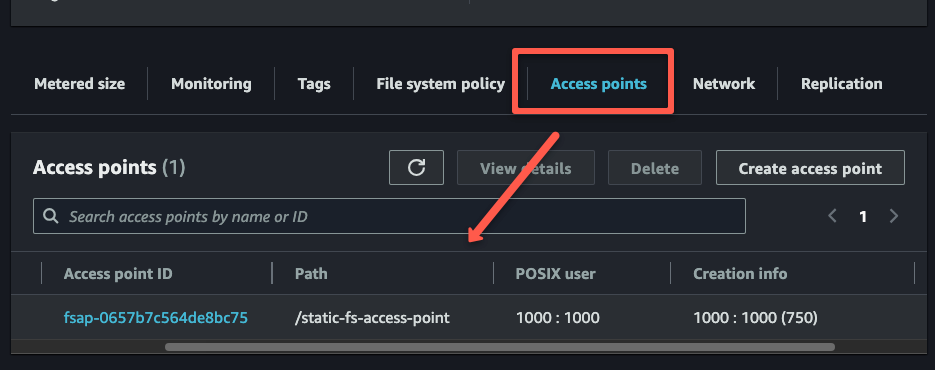 the created access point of the aws efs