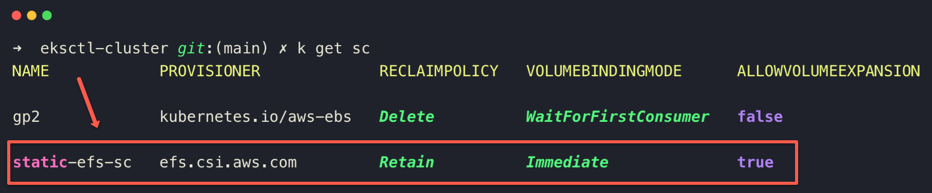 listing the storage class object on the eks cluster
