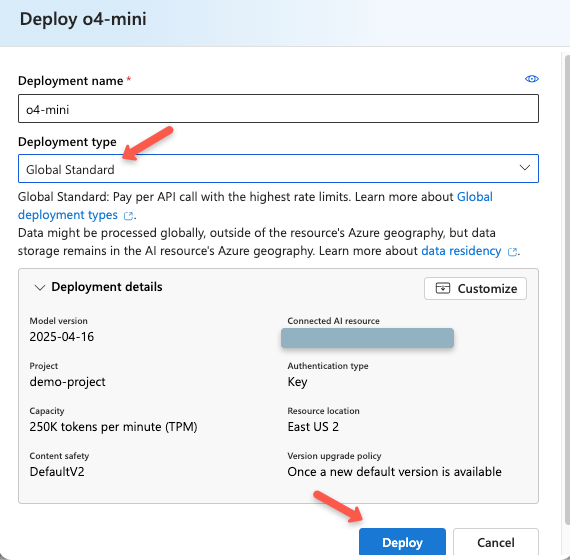the deployment page of the llm model of the azure ai foundry project