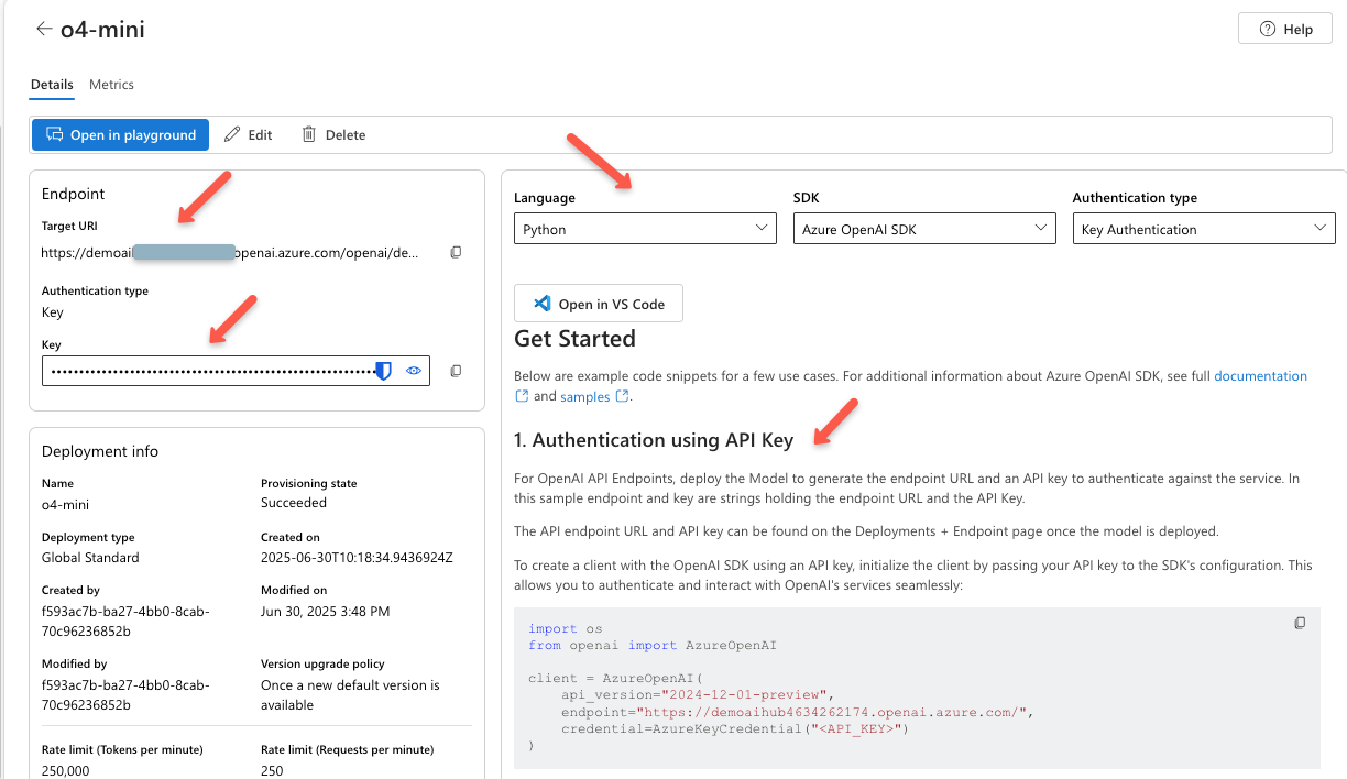 the authentication details of the deployed model to use the llm on the project